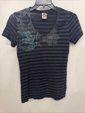 Roxy Black and Gray Striped V-Neck Tee with Teal Floral Accents
